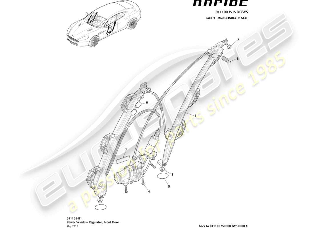 aston martin rapide (2014) regulador de ventana delantera diagrama de piezas