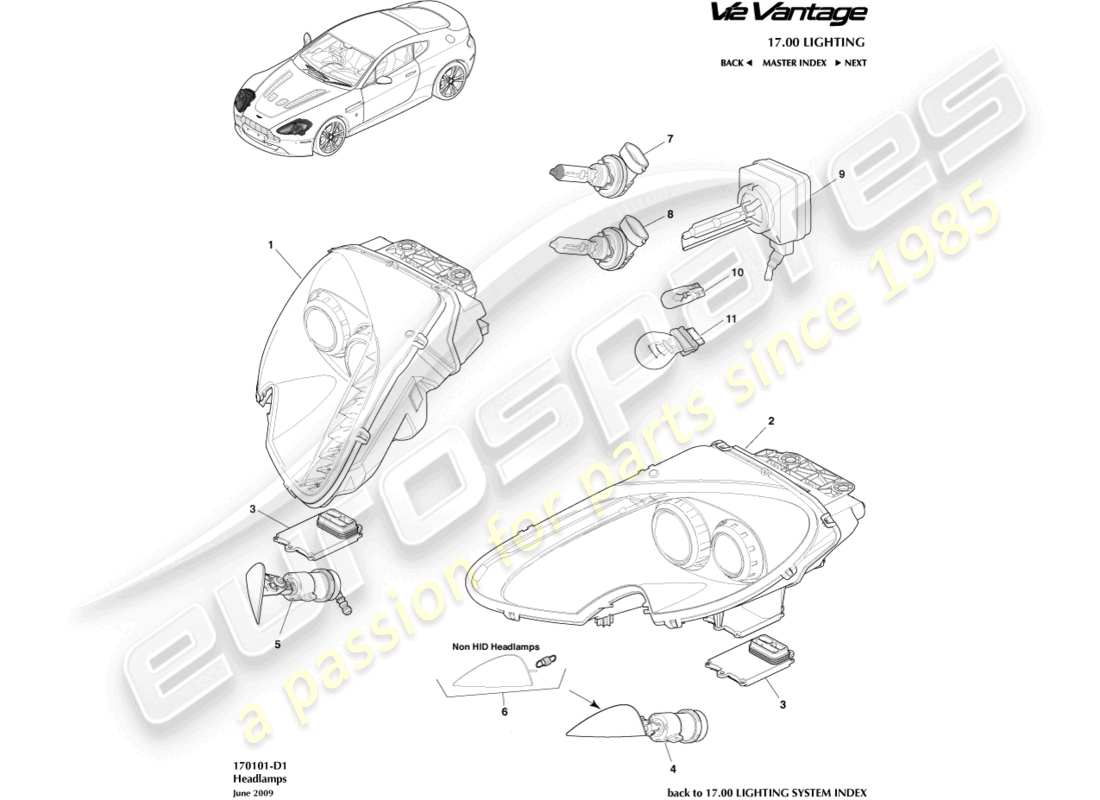 aston martin v12 vantage (2012) diagrama de piezas de faros