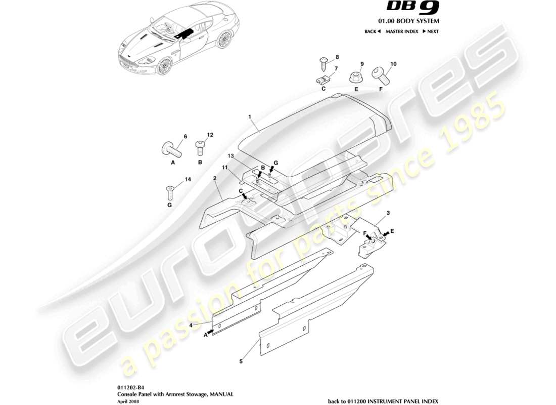 aston martin db9 (2004) consola central, manual diagrama de piezas