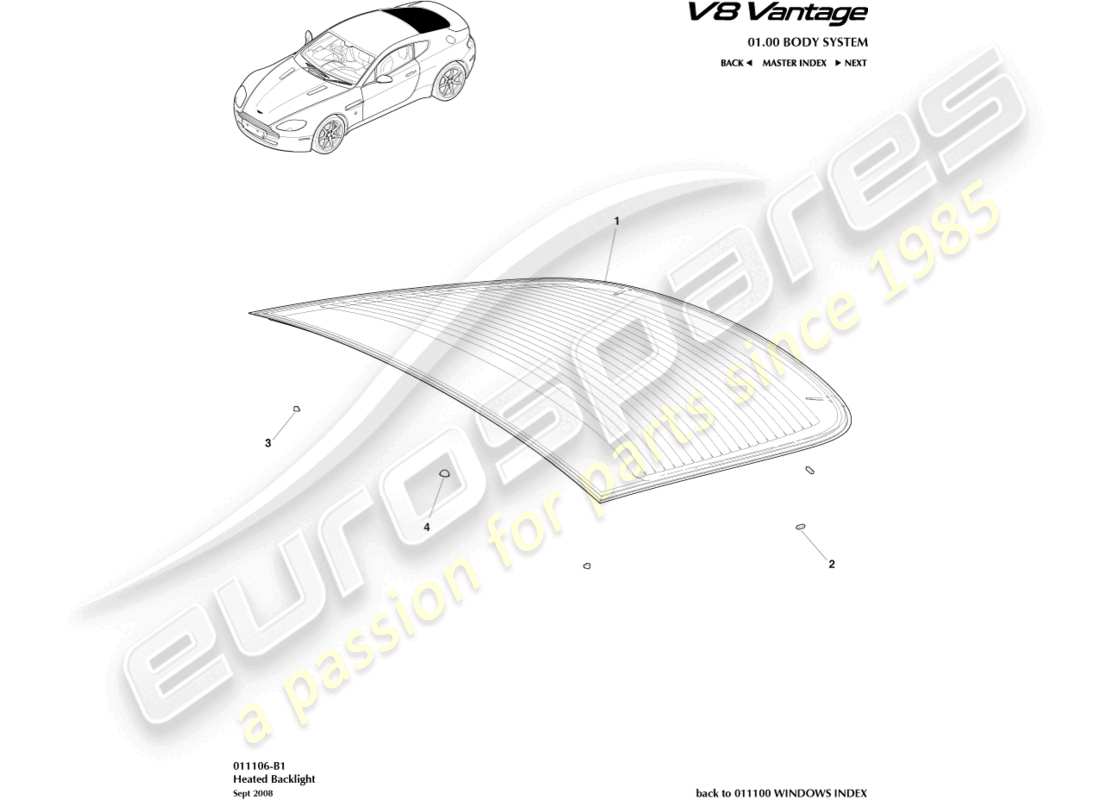aston martin v8 vantage (2018) diagrama de piezas del parabrisas trasero