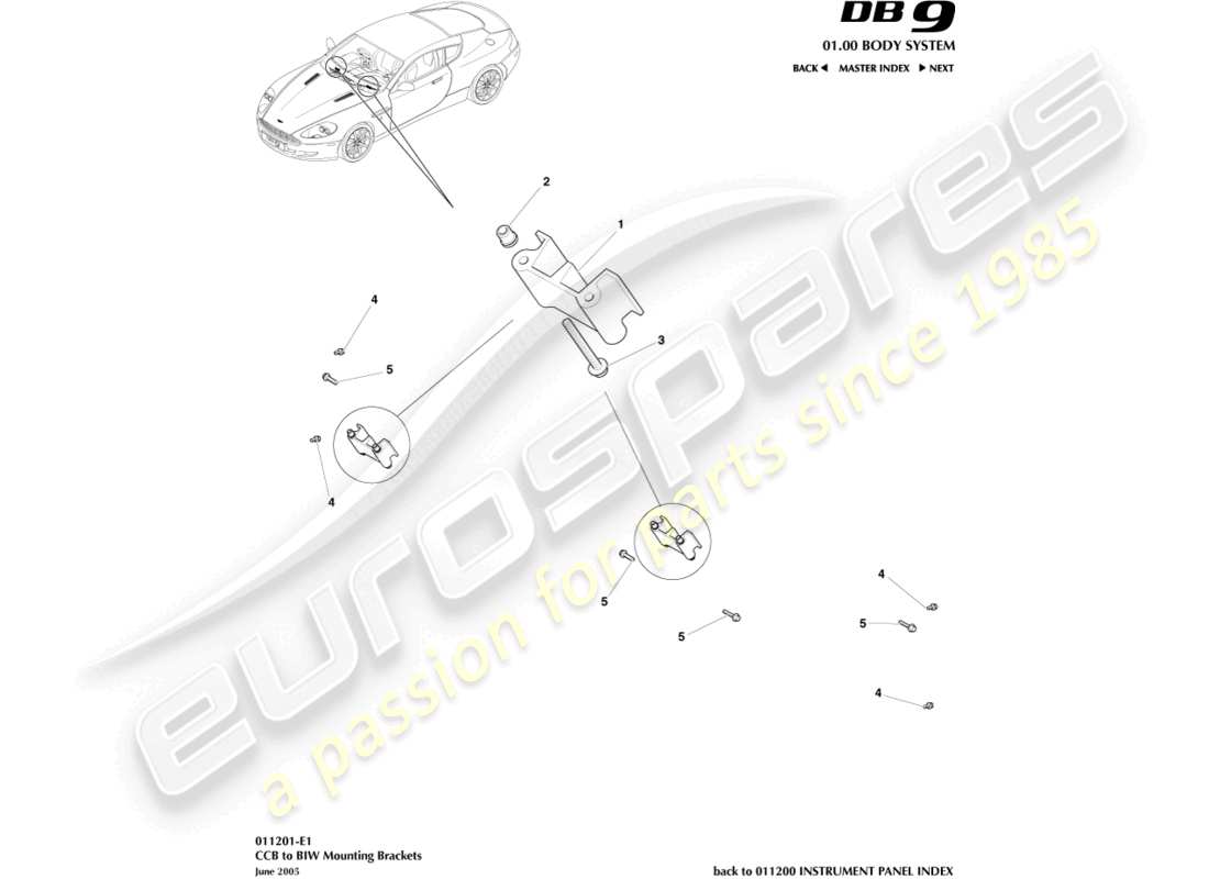 aston martin db9 (2007) soportes ccb a biw diagrama de piezas