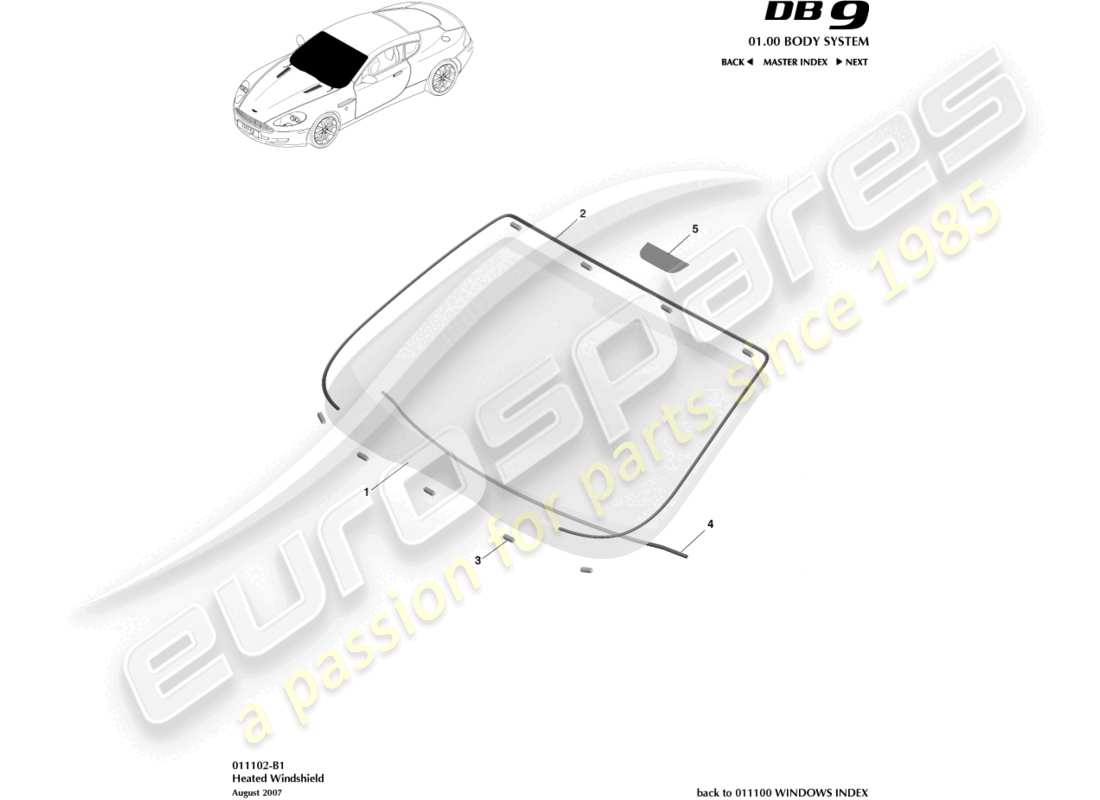 aston martin db9 (2008) diagrama de piezas del parabrisas con calefacción