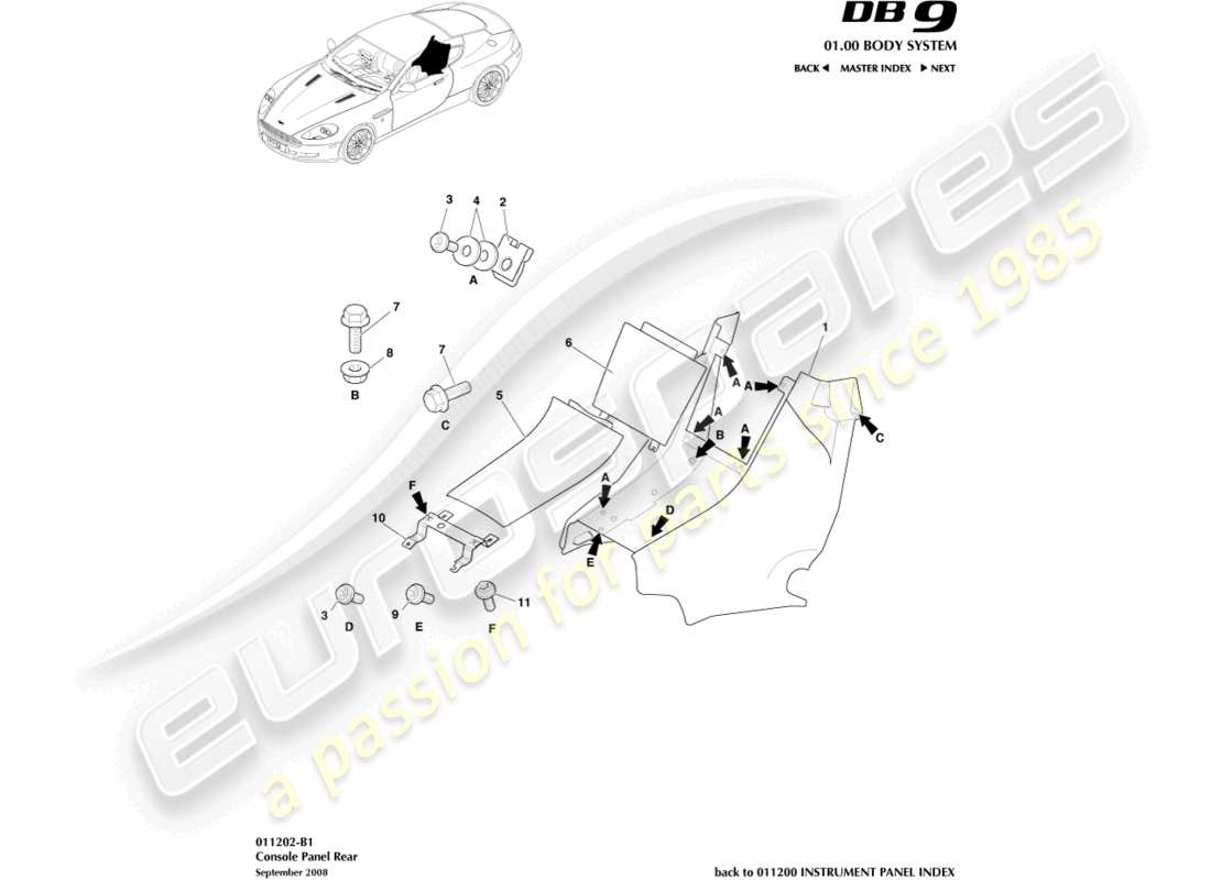 aston martin db9 (2008) consola trasera, diagrama de piezas del cupé