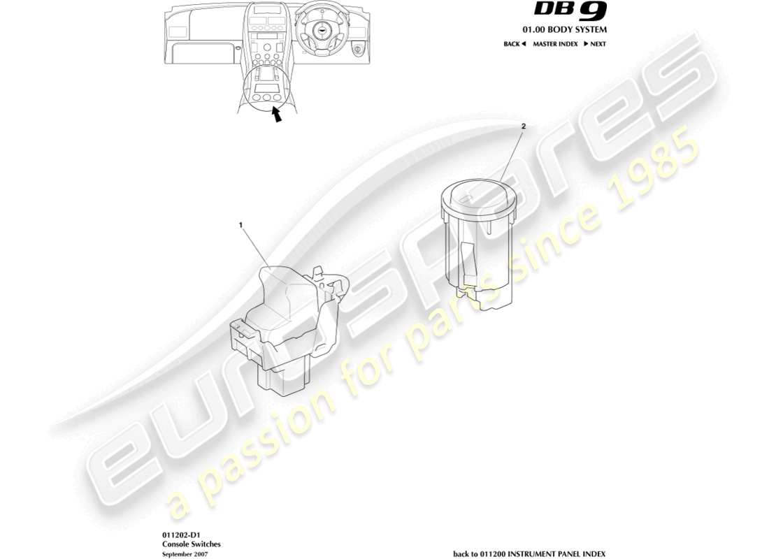 aston martin db9 (2010) diagrama de piezas de los interruptores de consola