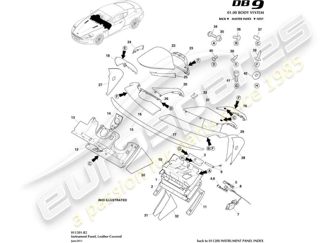 aston martin db9 (2010) panel de instrumentos, diagrama de piezas de cuero