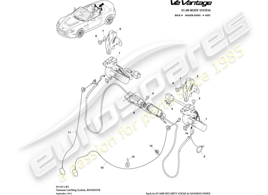 aston martin v12 vantage (2011) diagrama de piezas del sistema de cierre tonneau