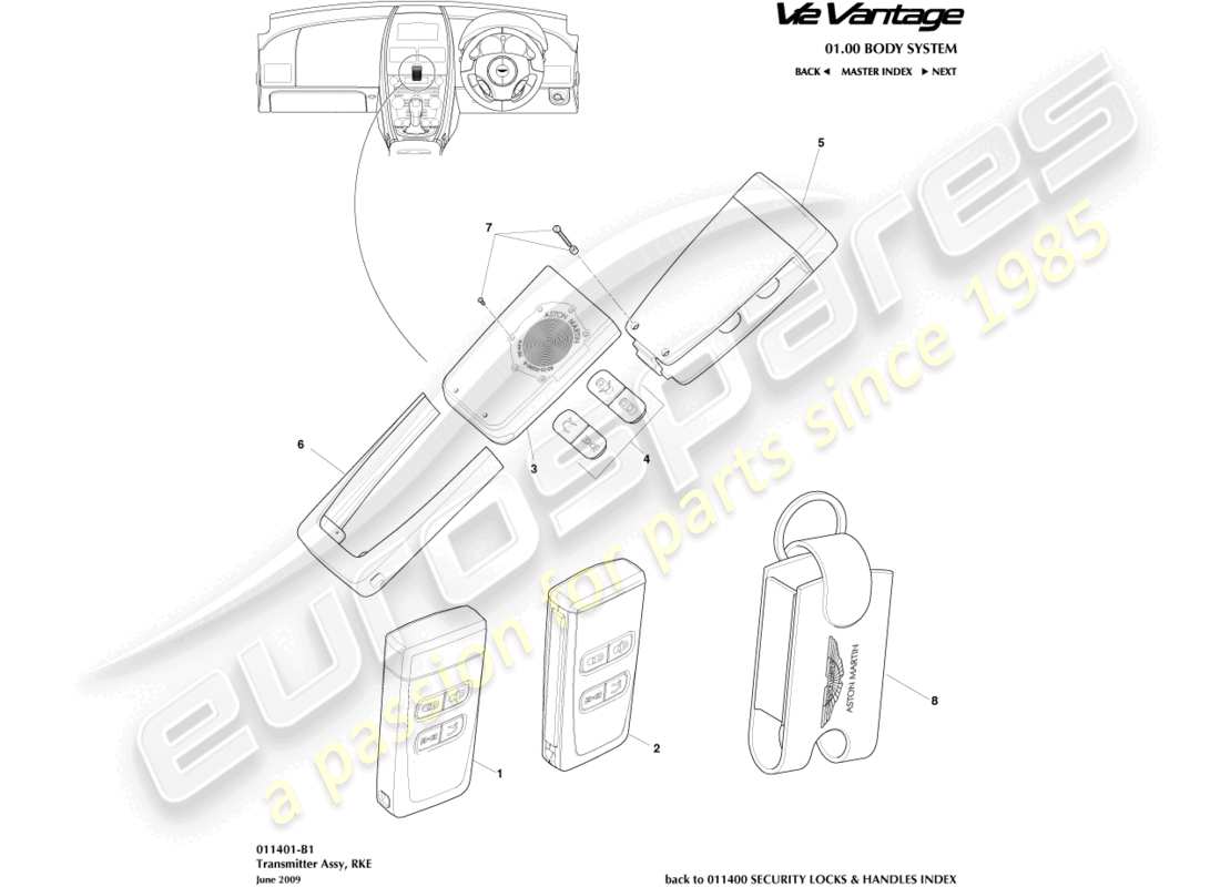 aston martin v12 vantage (2011) transmisor, diagrama de piezas rke