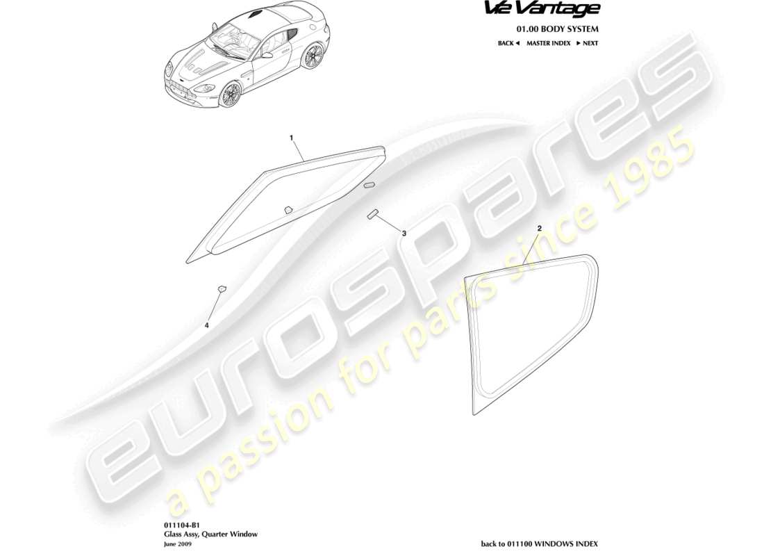 aston martin v12 vantage (2011) vidrio del cuarto trasero, diagrama de piezas del cupé