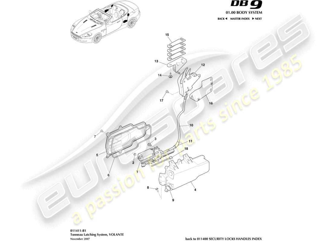 aston martin db9 (2006) sistema de cierre de lona diagrama de piezas