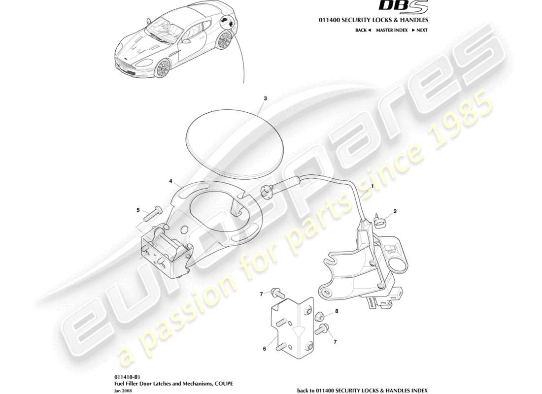 aston martin dbs (2013) mecanismo de llenado de combustible, diagrama de piezas del cupé