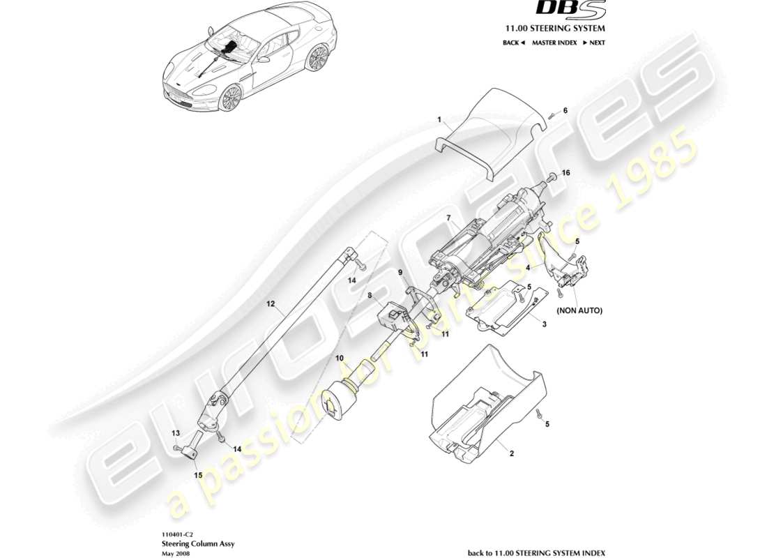 aston martin dbs (2012) conjunto de columna de dirección diagrama de piezas