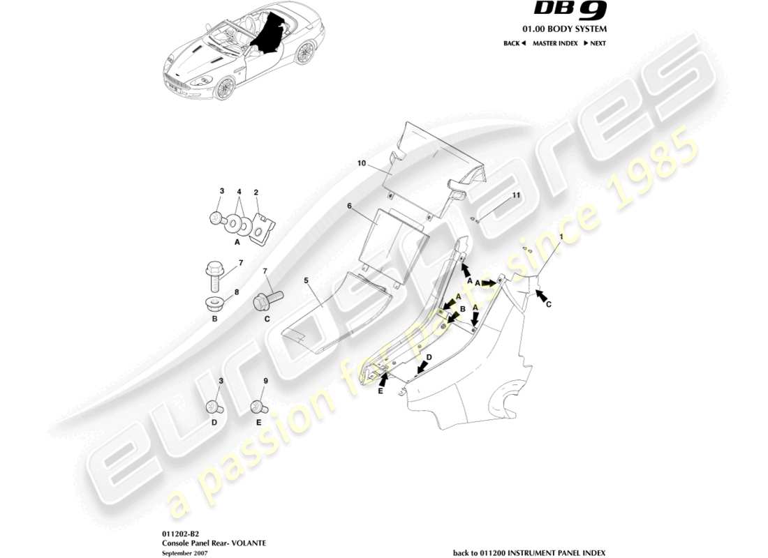 aston martin db9 (2005) consola trasera, diagrama de piezas del volante