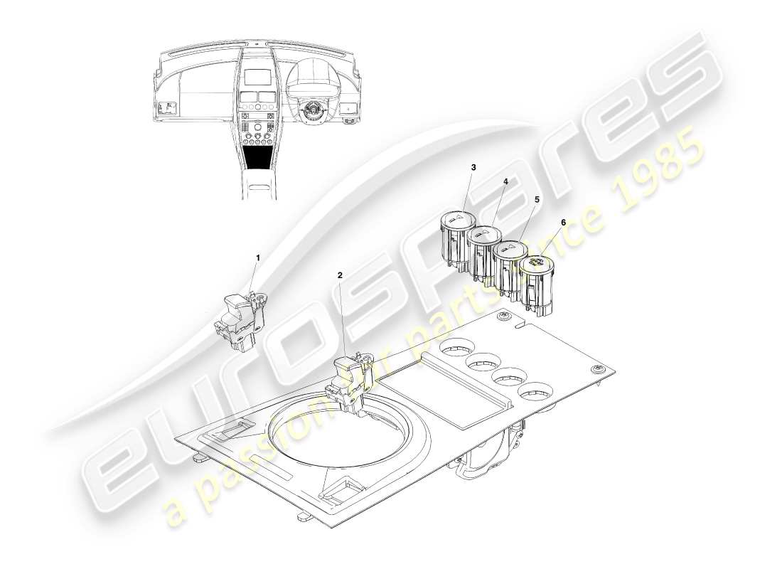 aston martin v8 vantage (2007) interruptores de consola, cupé, diagrama de piezas con volante a la derecha