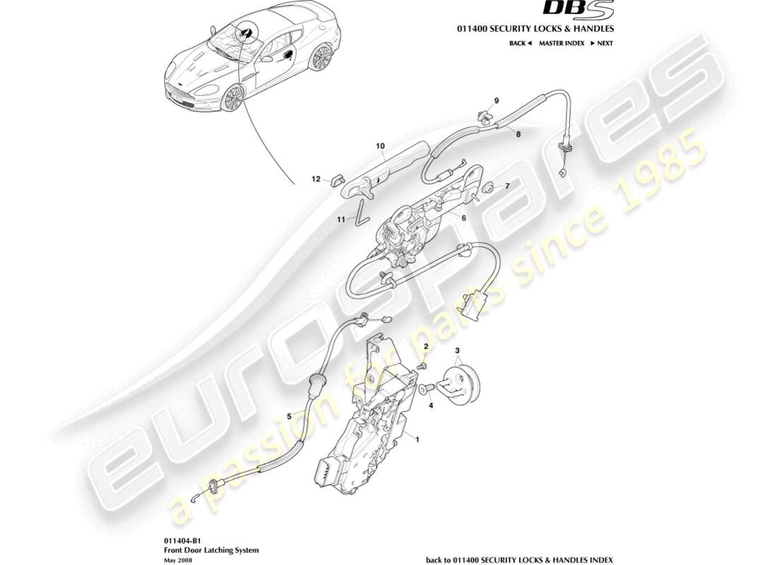aston martin dbs (2014) diagrama de piezas del pestillo de la puerta delantera