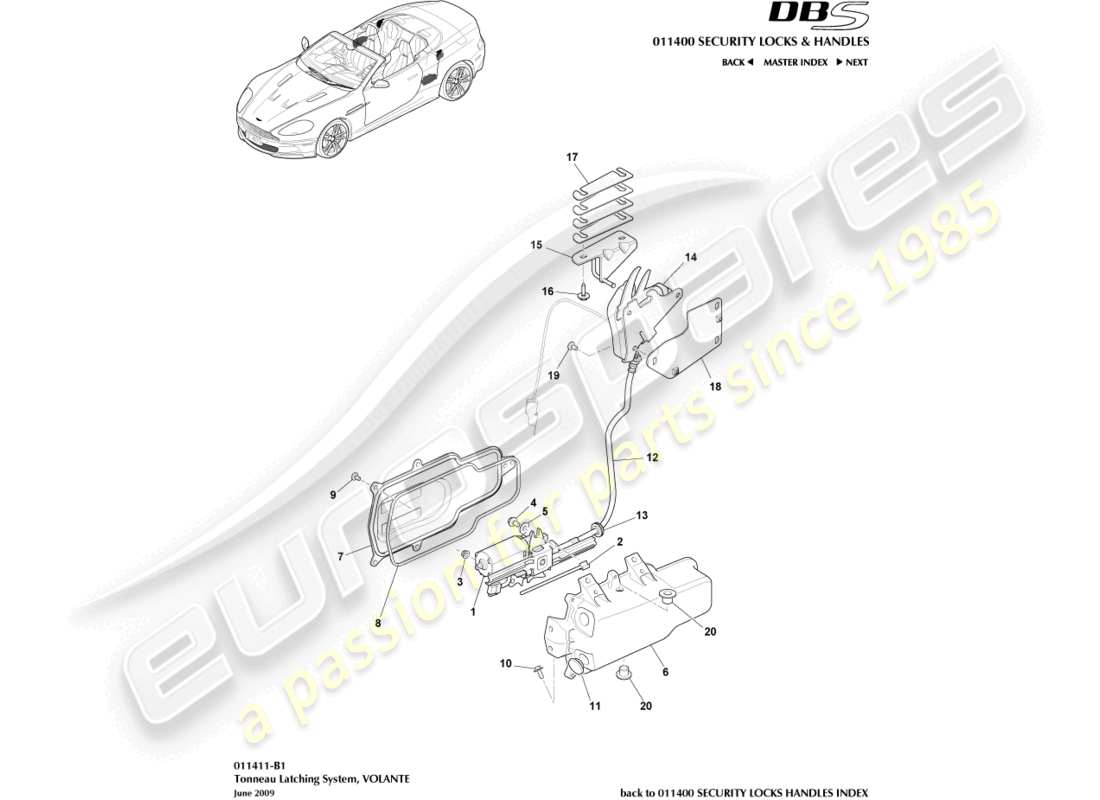 aston martin dbs (2014) sistema de cierre de lona diagrama de piezas