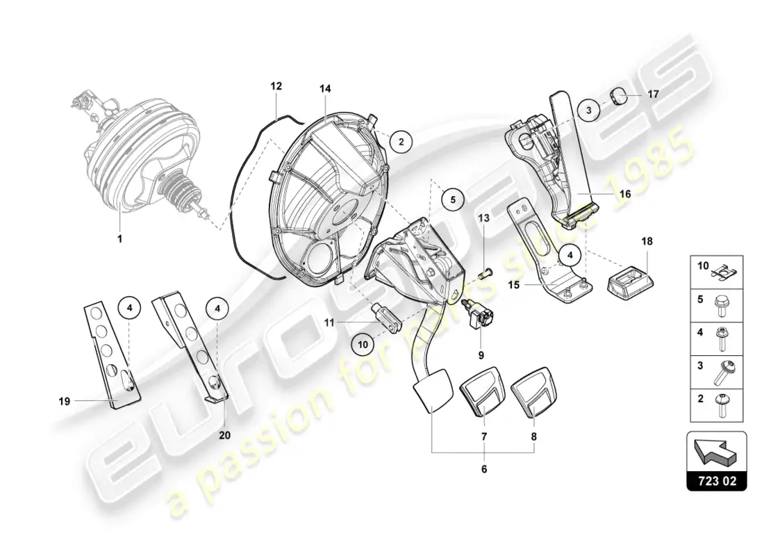 lamborghini lp750-4 sv roadster (2017) freno y aceleración. palanca mecanica. diagrama de piezas