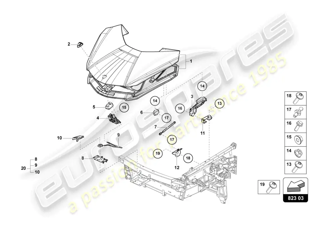 lamborghini sian (2021) capó delantero diagrama de piezas