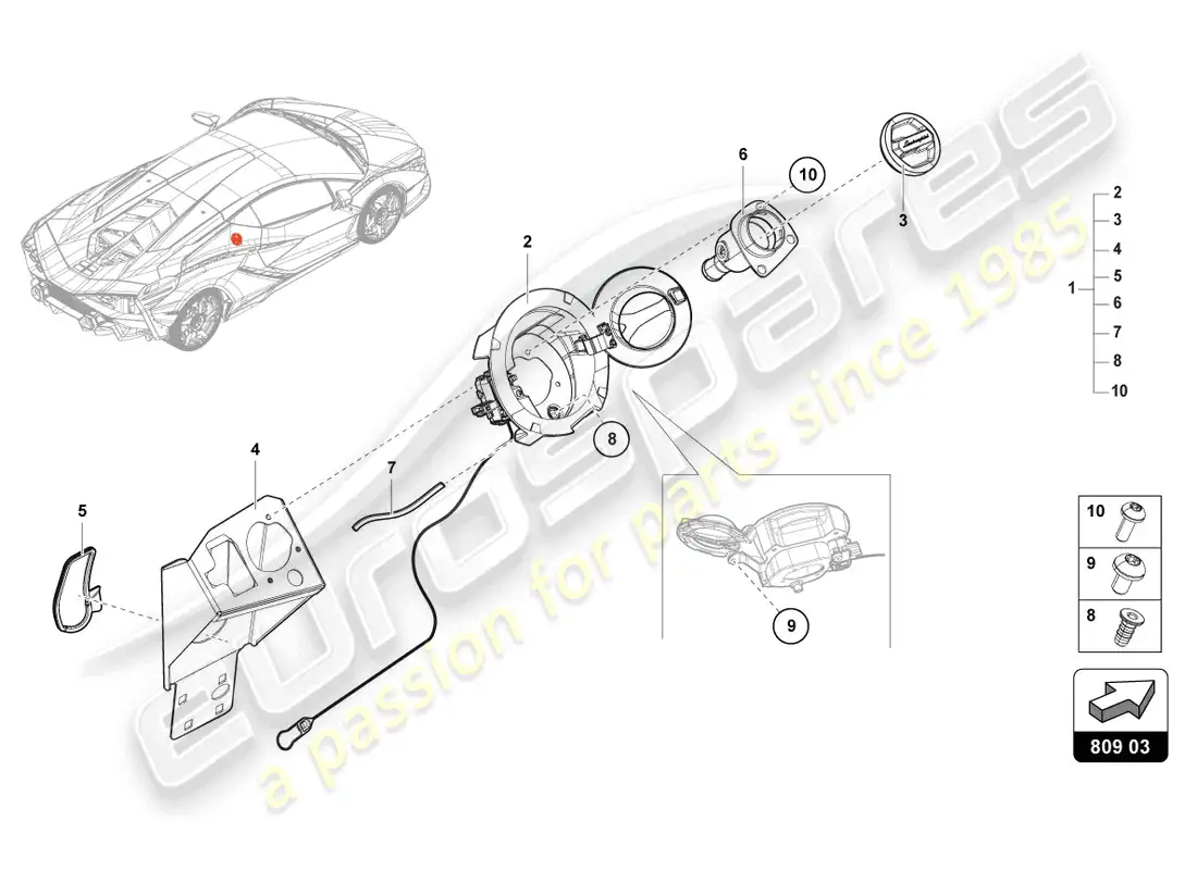 lamborghini sian (2021) cuello de llenado de combustible diagrama de piezas