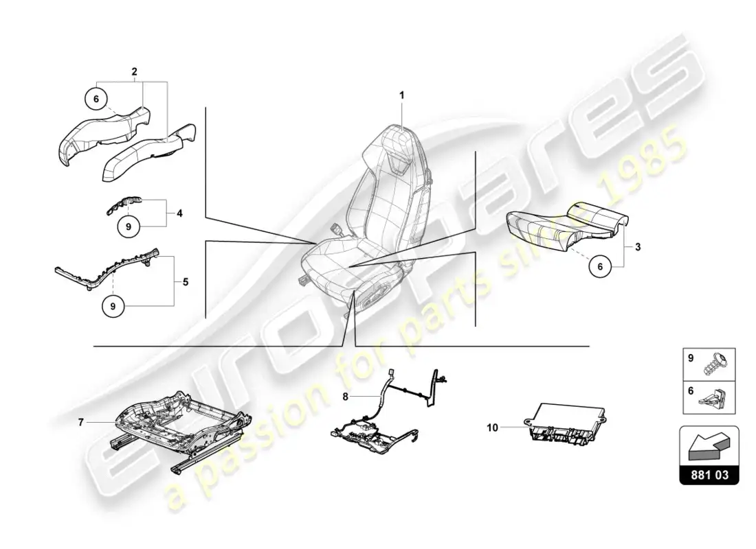 lamborghini evo coupe 2wd (2020) caja de asiento diagrama de piezas
