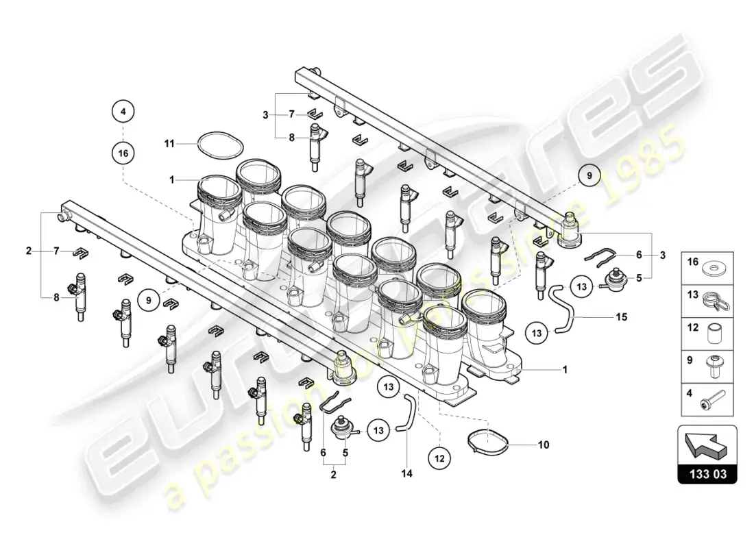 lamborghini sian (2021) colector de admisión diagrama de piezas