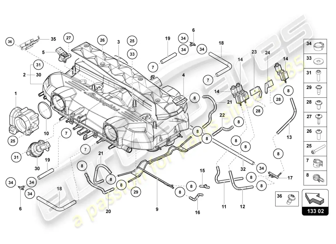 lamborghini sian (2021) colector de admisión diagrama de piezas