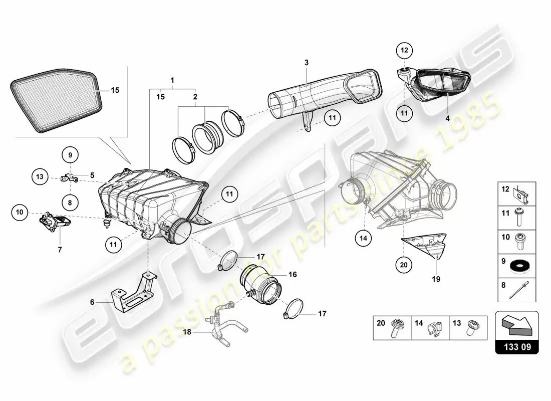 lamborghini performante spyder (2019) carcasa del filtro de aire diagrama de piezas