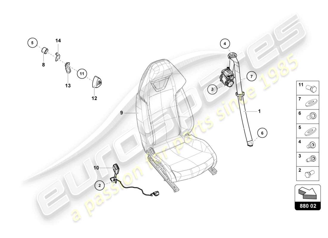 lamborghini evo coupe (2023) diagrama de piezas de cinturones de seguridad