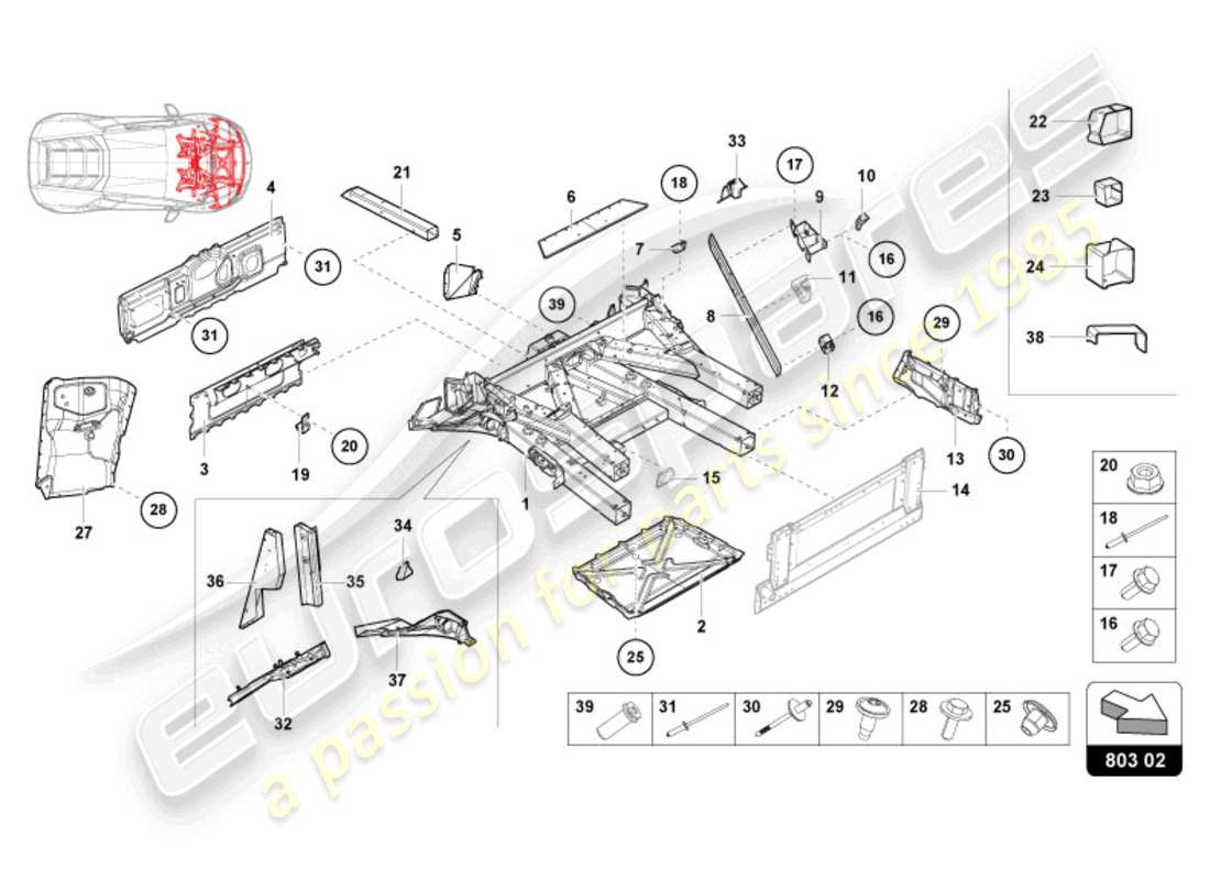 lamborghini tecnica (2024) diagrama de piezas del marco frontal