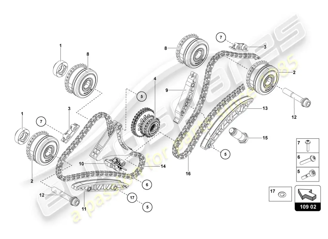 lamborghini centenario coupe (2017) cadena de distribución diagrama de piezas