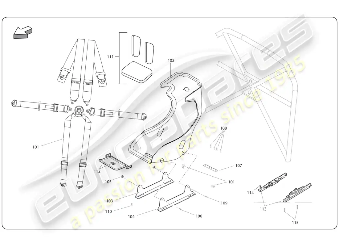lamborghini super trofeo (2009-2014) asiento y seguridad diagrama de piezas