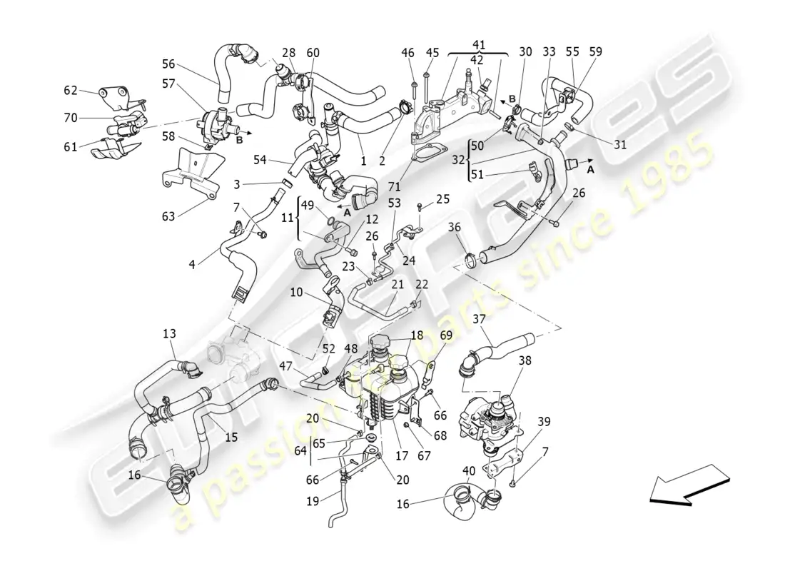 maserati levante gt (2022) sistema de enfriamiento: nourice y líneas diagrama de piezas