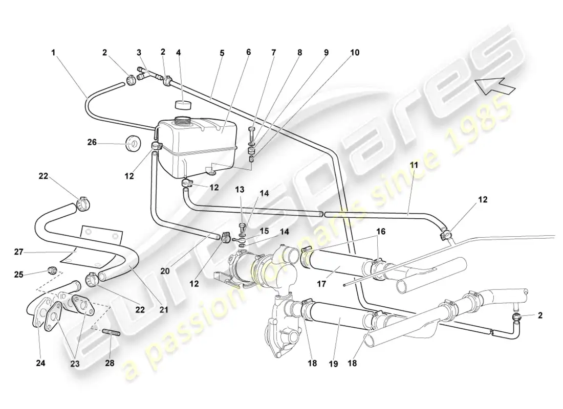 lamborghini murcielago coupe (2002) sistema de enfriamiento del refrigerante diagrama de piezas