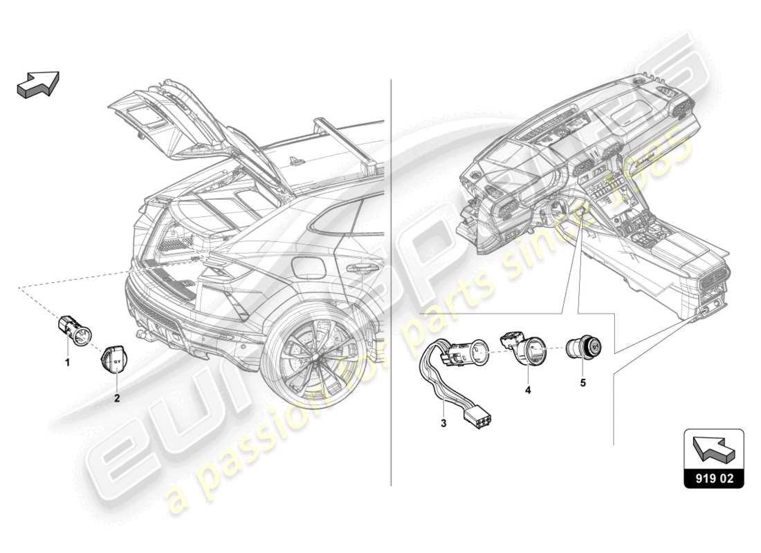 lamborghini urus performante (2023) tapa con encendedor y enchufe esquema de piezas