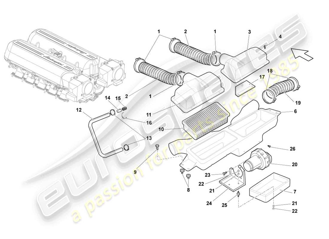 lamborghini gallardo coupe (2004) diagrama de piezas del filtro de aire