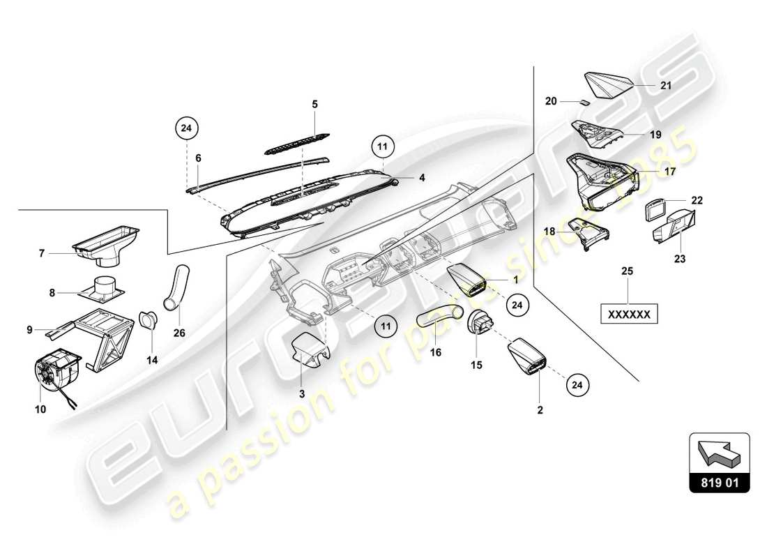 lamborghini 2018 (super trofeo evo) diagrama de piezas del tubo de aire del tablero