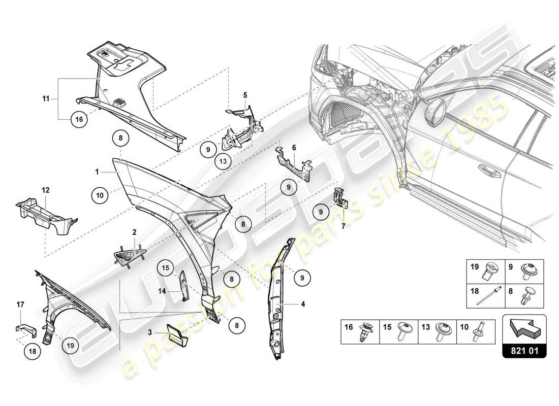 lamborghini urus (2019) protector de ala delantero diagrama de piezas