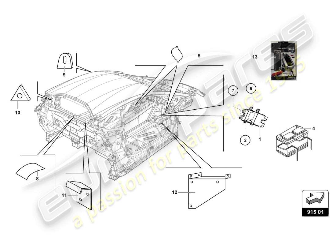 lamborghini super trofeo evo 2 (2022) batería - diagrama de piezas de montaje de la batería