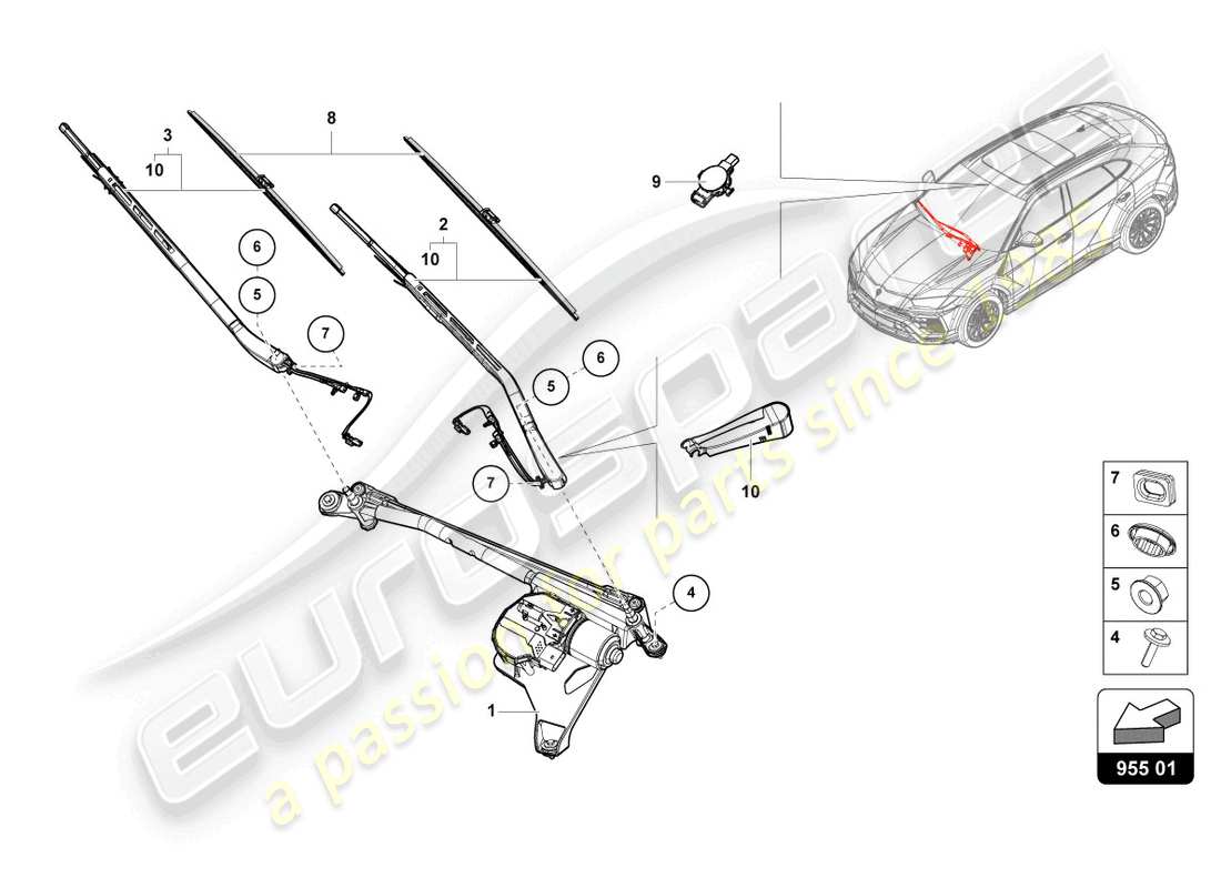 lamborghini urus performante (2023) diagrama de piezas del limpiaparabrisas