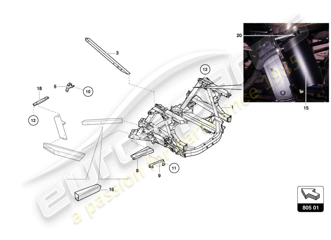 lamborghini super trofeo evo 2 (2022) elementos interiores del marco trasero diagrama de piezas