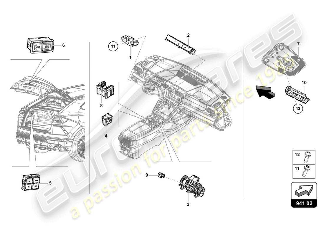 lamborghini urus performante (2023) panel de control con pulsadores esquema de piezas