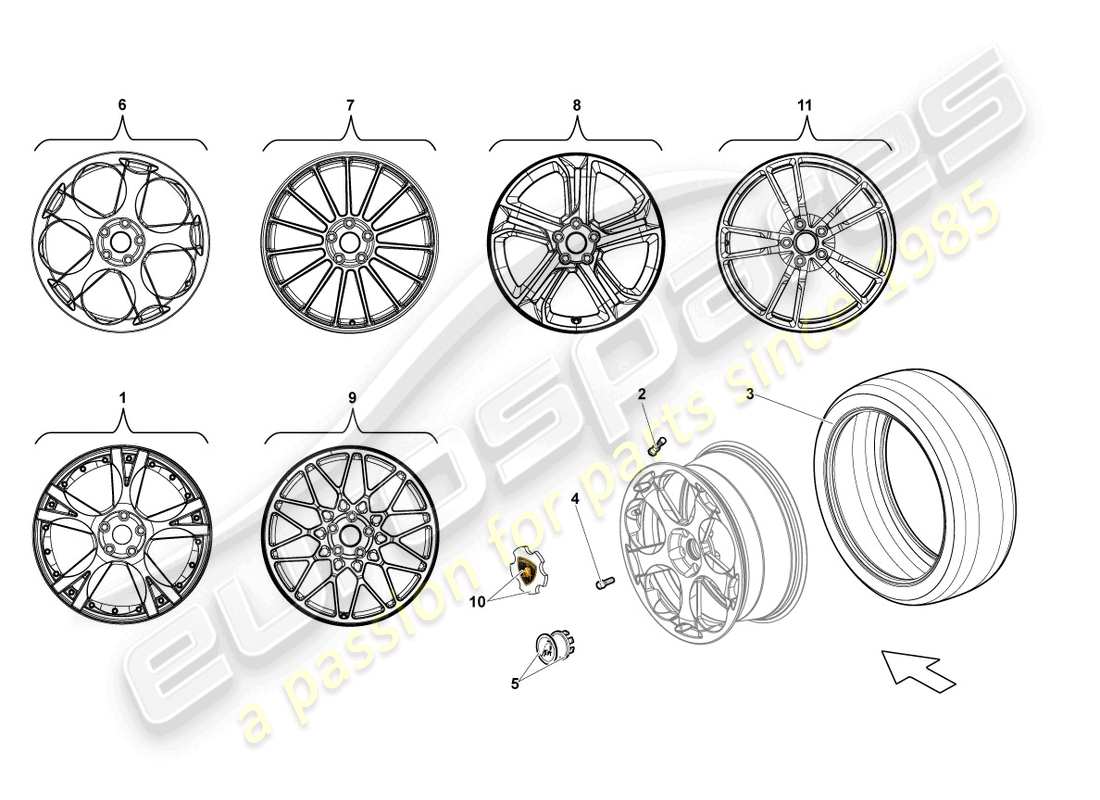lamborghini lp550-2 spyder (2011) diagrama de piezas de la llanta de aluminio delantera