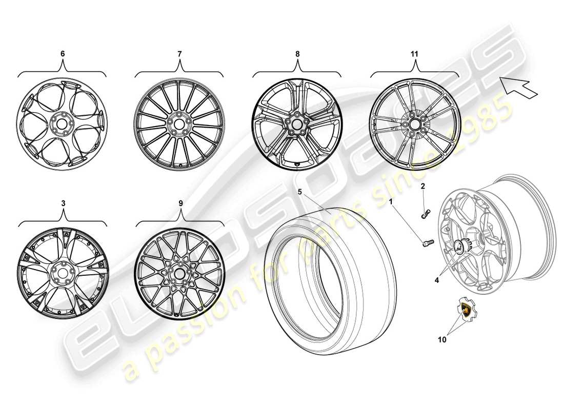 lamborghini lp550-2 coupe (2014) diagrama de piezas de la llanta trasera de aluminio