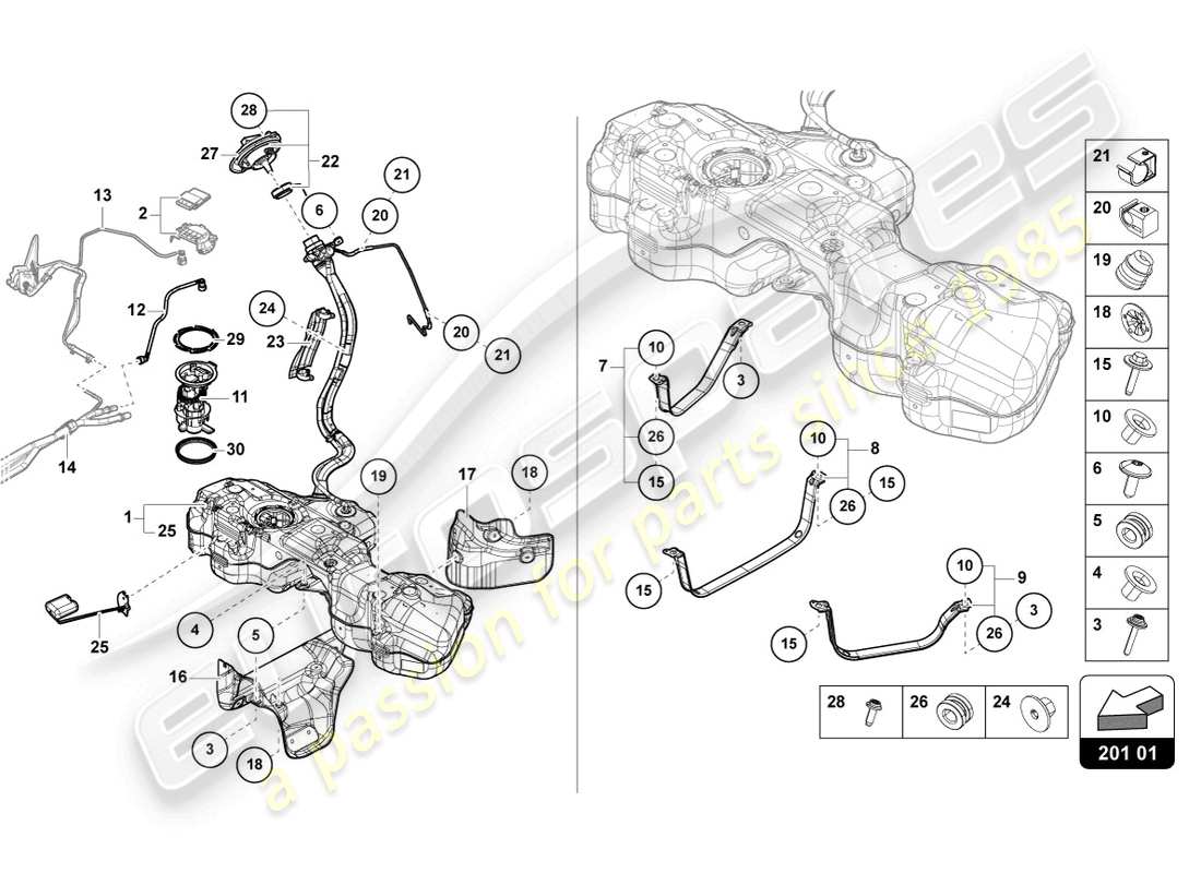 lamborghini urus performante (2023) diagrama de piezas del tanque de combustible