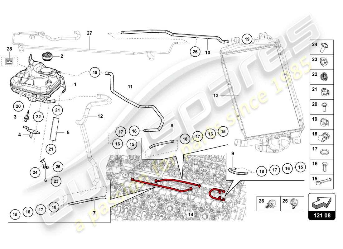 lamborghini ultimae (2022) tanque de fluido con indicador de nivel de refrigerante diagrama de piezas