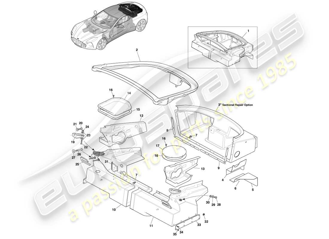 aston martin one-77 (2011) diagrama de piezas del maletero trasero