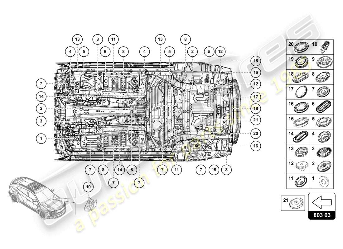 lamborghini urus (2021) diagrama de piezas del juego de tapones de sellado