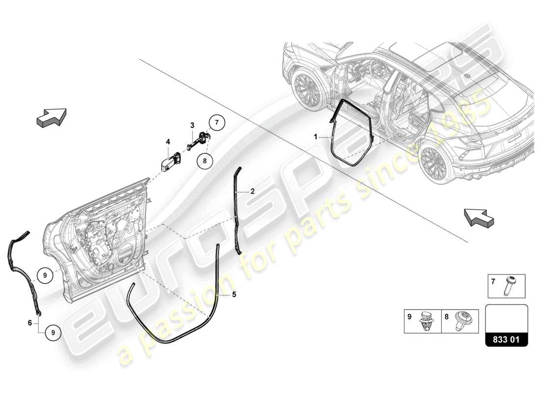 lamborghini urus (2021) diagrama de pieza del sello de la puerta trasera