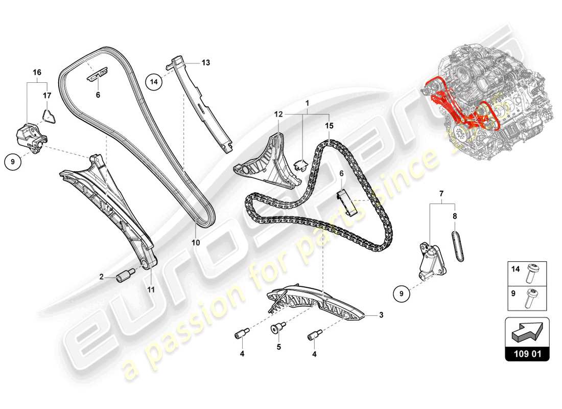 lamborghini urus performante (2023) diagrama de piezas de la cadena de distribución