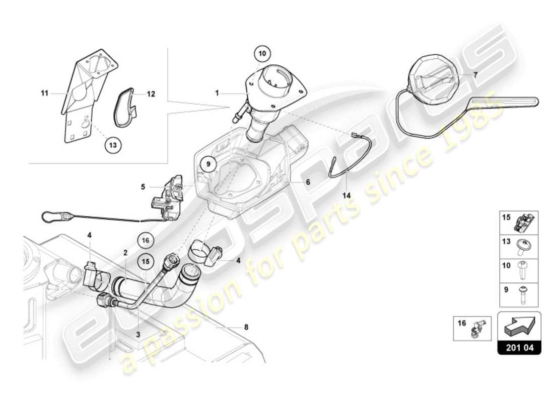 lamborghini 2022 (ultimae) cuello de llenado de combustible con restricción sólo para combustible sin plomo diagrama de piezas