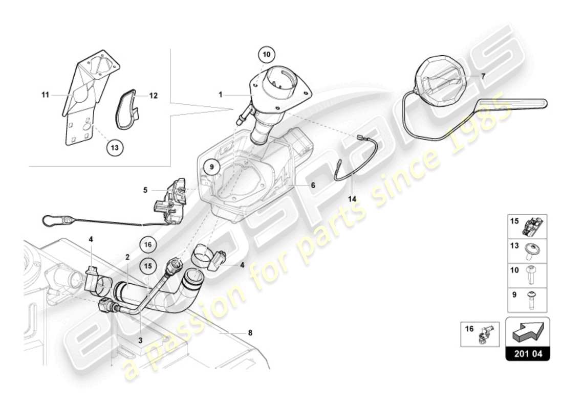 lamborghini ultimae (2022) cuello de llenado de combustible con restricción sólo para combustible sin plomo diagrama de piezas